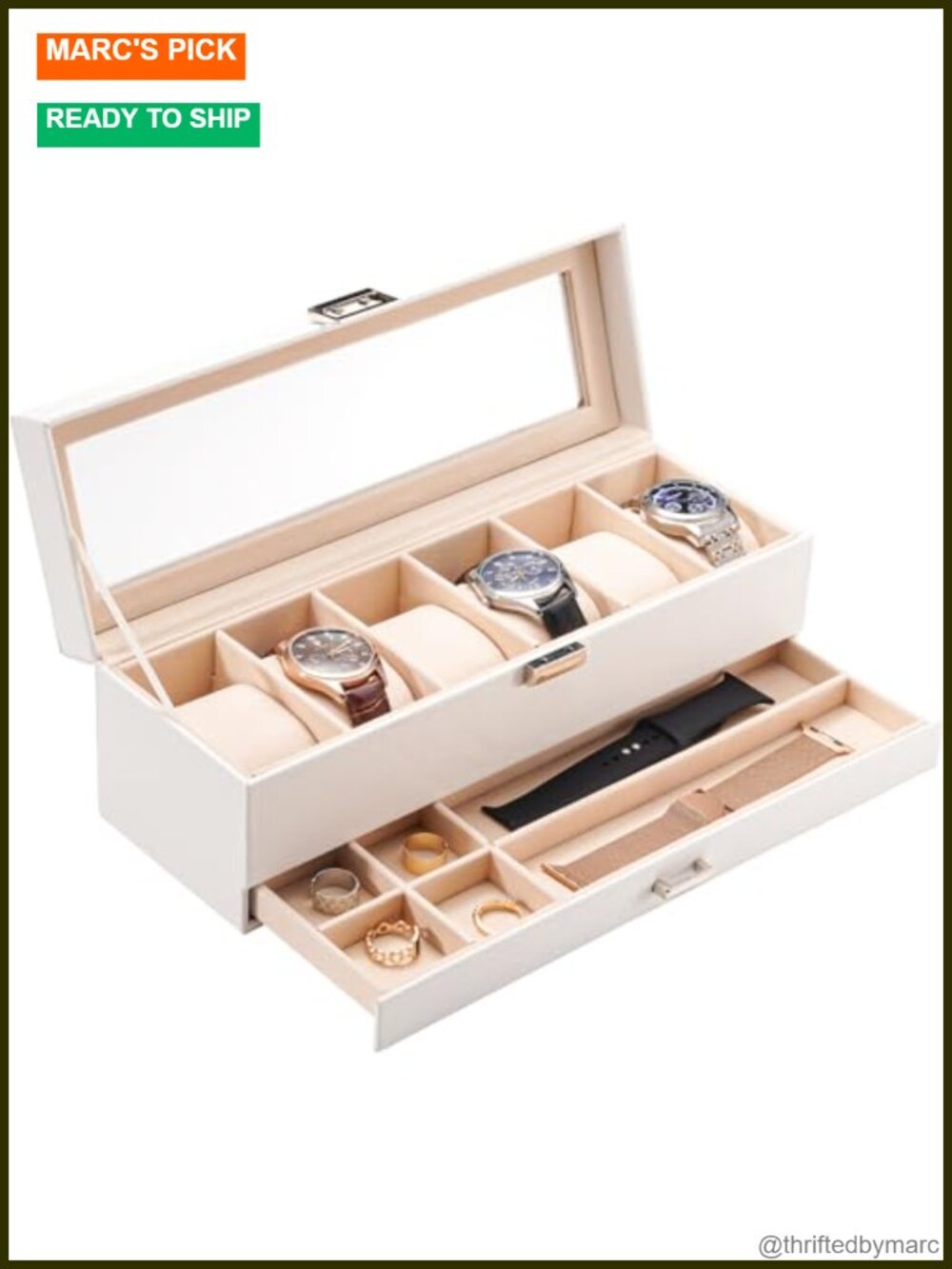 6 Slot Watch Display Case with Drawer Glass Lid PU Leather Jewelry Organizer